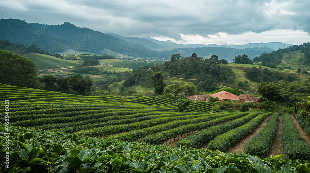 Terraced coffee plantation with green fields and cloudy sky