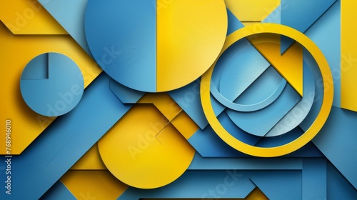 Modern blue and yellow geometric shapes for creative design. Bold abstract circles and rectangles in contemporary art style. Graphic elements with clean lines and block colors.