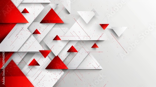 Abstract geometric design with red triangles on white background and dynamic splatter details. Creative red and white triangular composition with a modern artistic feel. photo