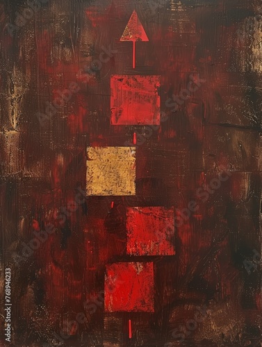 A painting featuring bold red and yellow squares arranged in a geometric pattern