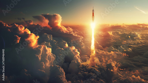 A rocket is launching into the sky, surrounded by clouds