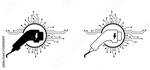 ev charger connector. Filling pump station, cable plugs for auto or car. Battery, electric vehicle plug charging station point. vehicle plugs and sockets ports for electric cars. Charge level loading