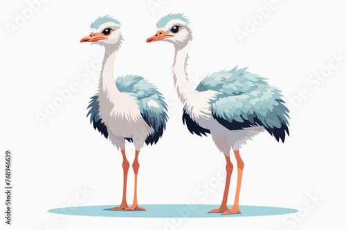 Two ostriches on white background, flat style vector illustration for children, simplified character design, soft pastel shades