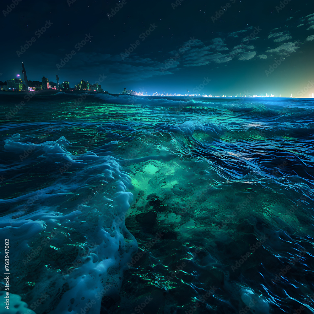 An Electric Ocean glowing in neon blue and green waves V4