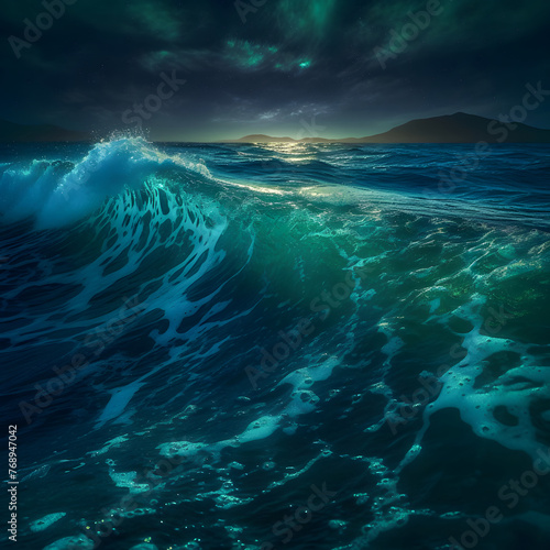 An Electric Ocean glowing in neon blue and green waves V3