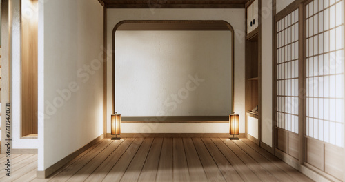 Shelf empty door on wall with wood floor design Japan style.