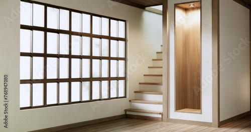 stairs wooden in muji room with white wall with wood wall design.