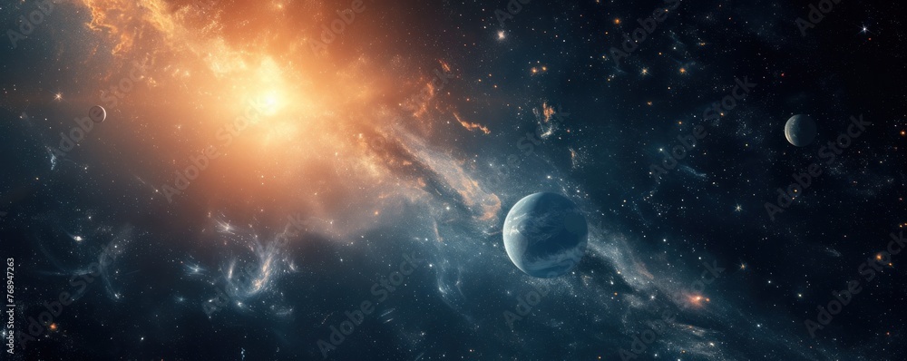 View of planet in space galaxy and stars in bacground. Space astronomy theme