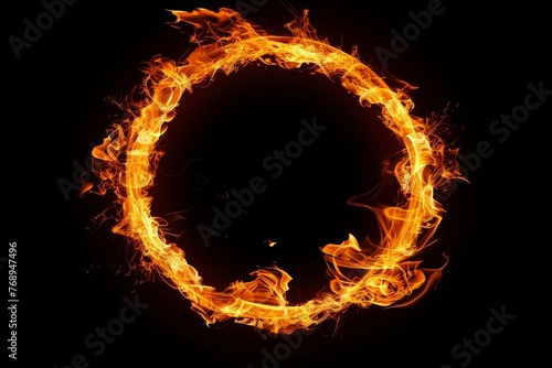 Circular frame of burning flames in fiery circle shape on isolated black background