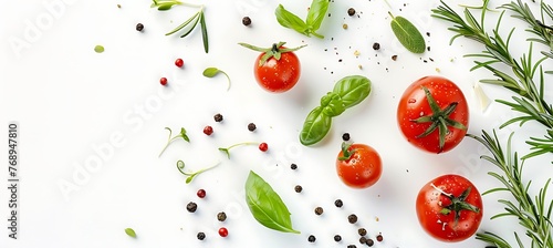 Fresh organic tomatoes and basil leaves with rosemary on white background