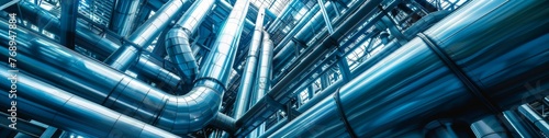 Industrial steel pipes or tubes of air ventilation system as abstract industry equipment background in blue tones