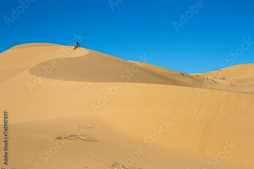 A person climbing a dune in the Desert. Gran Desierto de Altar  Sonora  Mexico. 
