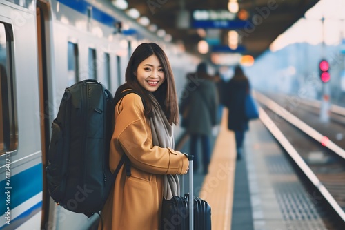 Beautiful young asian woman waiting for train for vacation, travel concept