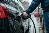 Electric car being charged at a station. Man connecting a charging cable from an electric car charging station to a car
