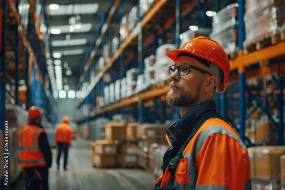 An engineer in a safety vest and hard hat is working in a warehouse An engineer in a safety vest and hard hat is working in a warehouse