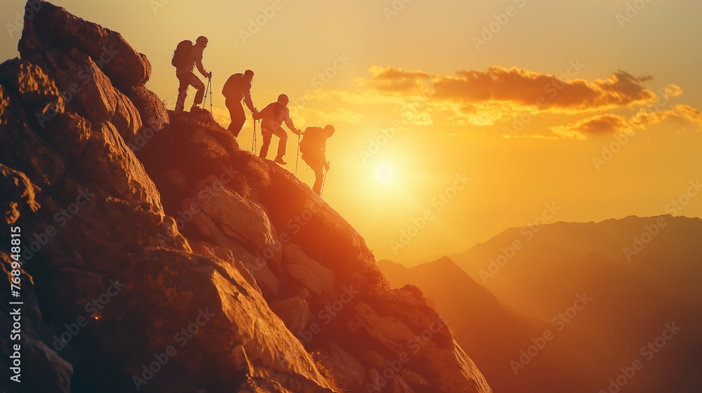 People helping each other reach the mountain top.