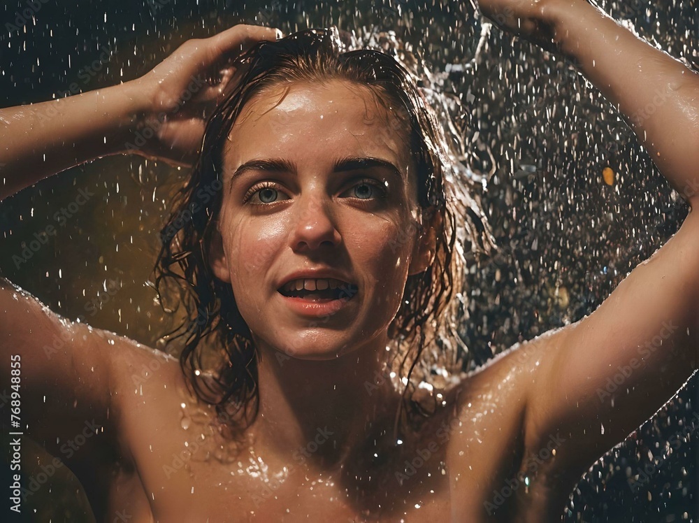 Portrait of girl with wet t-shirt on the rain