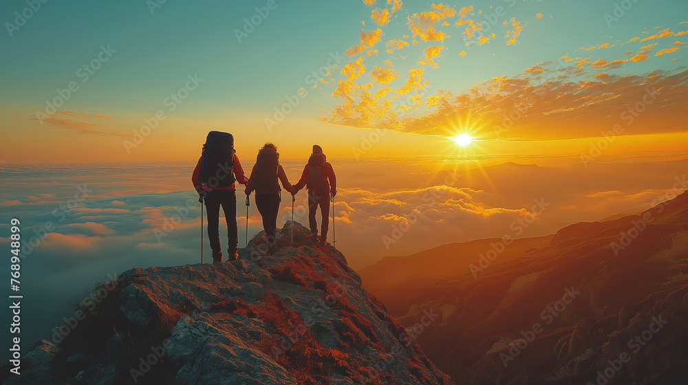 Naklejka premium People helping each other reach the mountain top.