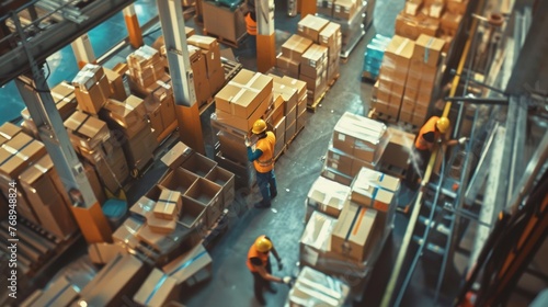 Busy rush workflow of hardware store employees. Group of workers working in large warehouse  shipping goods  prepare cardboard boxes for freight. International export business  and storehouse workflow