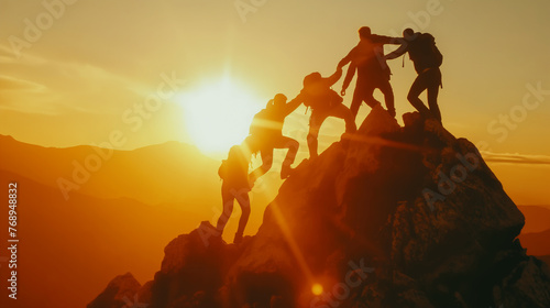 People helping each other reach the mountain top.