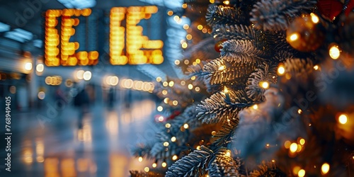Christmas tree adorned with sparkling lights and golden baubles in festive ambiance