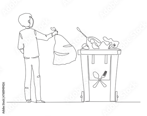 Continuous line drawing of man throwing metal rubbish into the metal dustbin. One line of trash can. Recycle bin continuous line art. Editable outline.