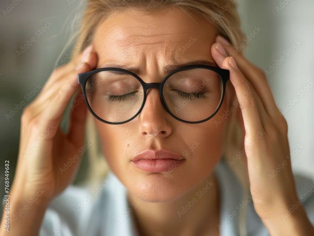 Close up exhausted woman massaging eyelids, taking off glasses, tired freelancer or student suffering from eyestrain or dry eye syndrome, feeling dizziness or headache after long hours work Close up exhausted woman massaging eyelids, taking off glasses, tired freelancer or student suffering from eyestrain or dry eye syndrome, feeling dizziness or headache after long hours work