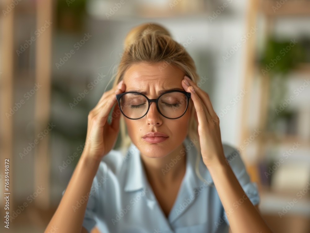 Close up exhausted woman massaging eyelids, taking off glasses, tired freelancer or student suffering from eyestrain or dry eye syndrome, feeling dizziness or headache after long hours work Close up exhausted woman massaging eyelids, taking off glasses, tired freelancer or student suffering from eyestrain or dry eye syndrome, feeling dizziness or headache after long hours work