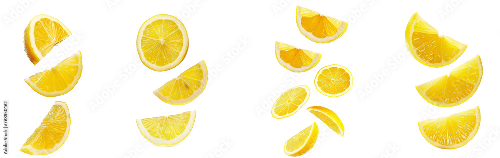 Set of Falling lemon slice, isolated on white background full depth of field, clipping path