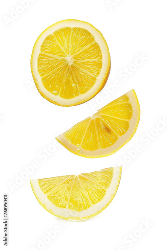 Falling lemon slice, isolated on white background full depth of field, clipping path