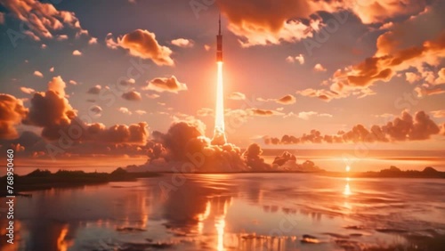 A rocket launch Rocket flying through clouds at sunset Space shuttle launches at sunset filled with clouds