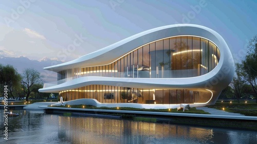 A striking example of futuristic architecture, this waterfront building features sleek curves and glowing interiors at dusk.