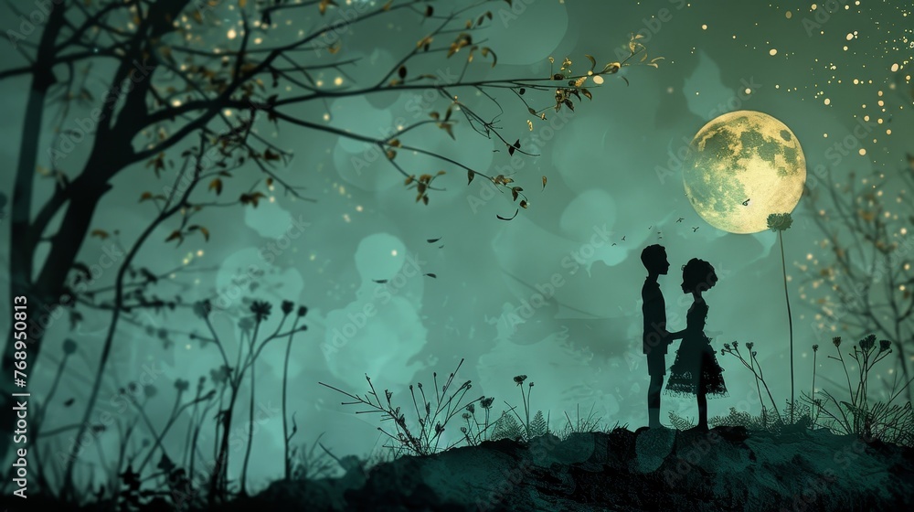 Obraz premium Silhouettes of a couple stand hand in hand under the mystical allure of a full moon, surrounded by the gentle dance of fireflies.