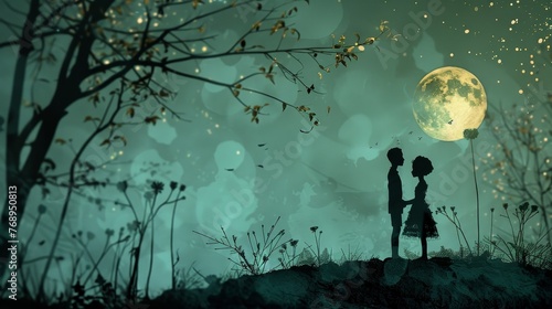 Silhouettes of a couple stand hand in hand under the mystical allure of a full moon, surrounded by the gentle dance of fireflies.