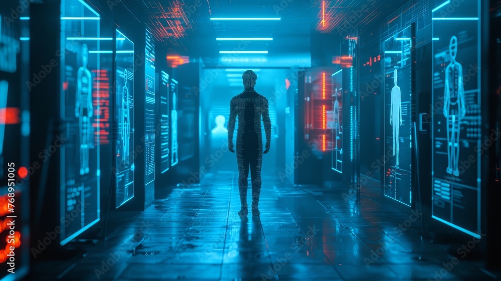 A cybernetic figure strides through a hallway adorned with holographic interfaces, a depiction of a human integrated with advanced digital technologies.