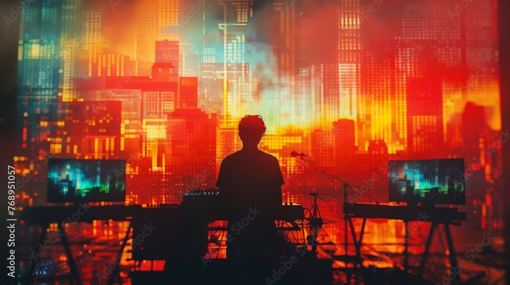 Silhouette of a DJ at a control deck with a dynamic, colorful digital cityscape projection creating an immersive atmosphere. Silhouette of a DJ at a control deck with a dynamic, colorful digital cityscape projection creating an immersive atmosphere.