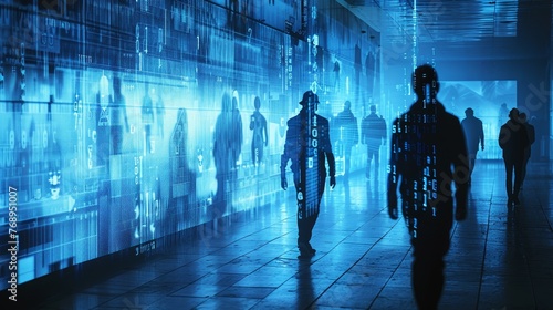 Human figures traverse a corridor, transformed into digital silhouettes composed of binary code, symbolizing the fusion of reality and the digital universe.