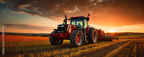 The red agricultural tractor works the soil in the field with amazing background