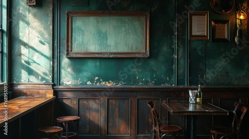 A blank picture frame hanging on the old textured wooden wall in a cosy old english or irish pub © Wolfilser