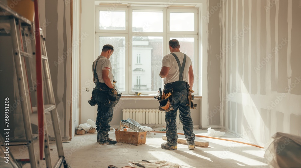 craftsmen working on a building site in a new house craftsmen working on a building site in a new house