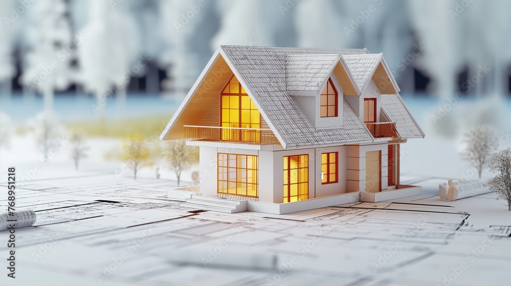 3d rendering project of new building model house on blueprint plan 3d rendering project of new building model house on blueprint plan