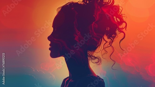 A contemplative silhouette of a woman against a backdrop of swirling vibrant light trails in warm tones.