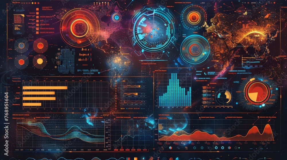 A sophisticated dashboard presents complex data analysis with space-themed visual elements, encompassing charts, graphs, and global network representations. A sophisticated dashboard presents complex data analysis with space-themed visual elements, encompassing charts, graphs, and global network representations.