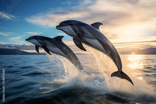 group of dolphins leaping joyfully above ocean waves in the clear blue sky