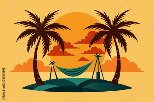 Twin palm tree stand on island between hammock in summer theme of silhouette