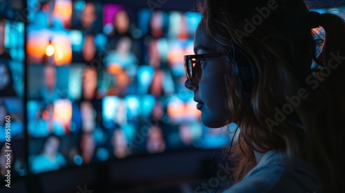 Close-up of a focused woman with glasses observing an array of illuminated screens in a high-tech control room environment.