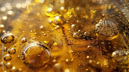 Golden liquid bubbles background of oil with shiny golden droplets for a luxurious aesthetic