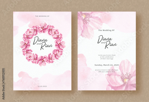 Wreath of pink flower painting arrangement on wedding invitation template