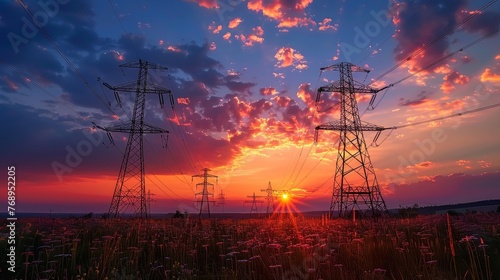 Electricity pylons stand tall in a field with a spectacular sunset in the background, highlighting energy distribution in rural areas.