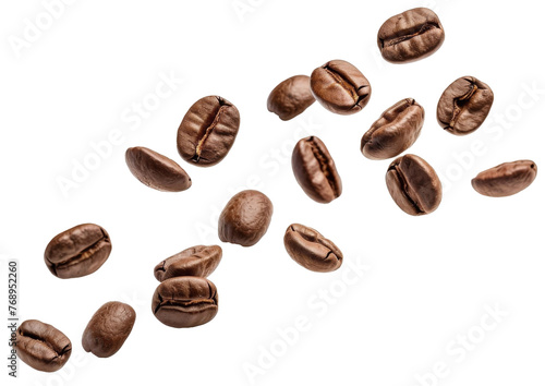 Falling coffee beans isolated on white background with clipping path. Roasted coffee beans